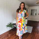 Tropical Print Dress with Flower Strap Detail