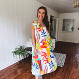 Tropical Print Dress with Flower Strap Detail