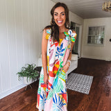 Tropical Print Dress with Flower Strap Detail