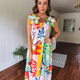 Tropical Print Dress with Flower Strap Detail