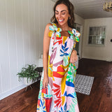 Tropical Print Dress with Flower Strap Detail