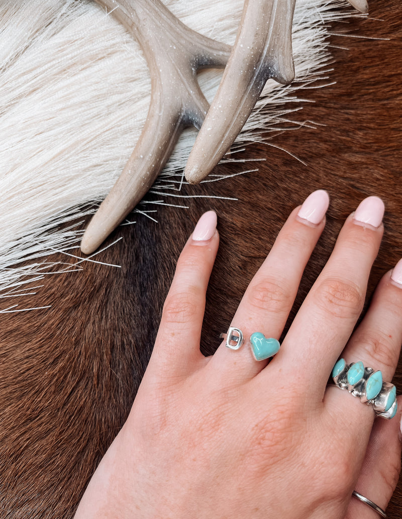 Wrap Ring Western Style Class Rings Turquoise SS Heart Letter Ring