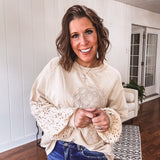 Ecru Eyelet Lace Contrast Sleeve Pullover