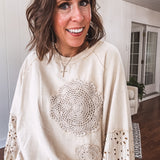 Ecru Eyelet Lace Contrast Sleeve Pullover