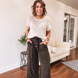 Black Mineral Wash Drawstring Wooden Button Pant