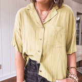 Linen Blend Notched Collar Button Up Crop