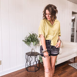 Linen Blend Notched Collar Button Up Crop