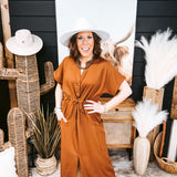 Camel Short Sleeve Button Down Tie Front Dress