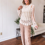 Oatmeal Open Knit Long Sleeve Crochet Sweater