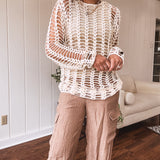 Oatmeal Open Knit Long Sleeve Crochet Sweater