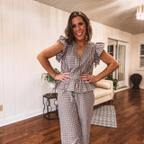 Brown + White Gingham Peplum Ruffle Top