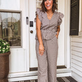 Brown + White Gingham Peplum Ruffle Top