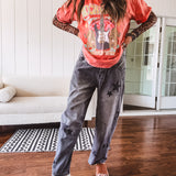 Washed Black Star Print Denim Barrel Pant