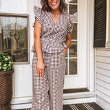 Brown + White Gingham Peplum Ruffle Top
