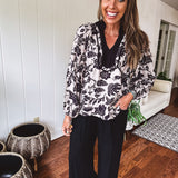 Black & Taupe Floral Blouse with Yoke Trim
