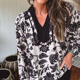 Black & Taupe Floral Blouse with Yoke Trim