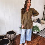 Olive Peace Embroidered Flutter Hem Button Front
