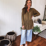 Olive Peace Embroidered Flutter Hem Button Front
