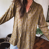 Olive Peace Embroidered Flutter Hem Button Front