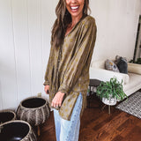 Olive Peace Embroidered Flutter Hem Button Front