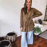 Olive Peace Embroidered Flutter Hem Button Front