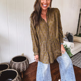 Olive Peace Embroidered Flutter Hem Button Front