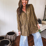 Olive Peace Embroidered Flutter Hem Button Front