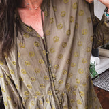 Olive Peace Embroidered Flutter Hem Button Front