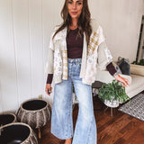 Sand Beige Eyelet Crochet Patch Mix Open Cardigan