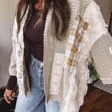 Sand Beige Eyelet Crochet Patch Mix Open Cardigan