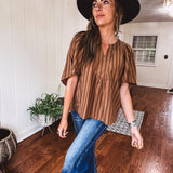 Placket Raglan Sleeve Stripe Top