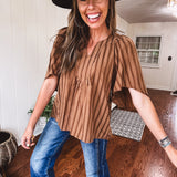 Placket Raglan Sleeve Stripe Top