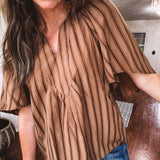 Placket Raglan Sleeve Stripe Top