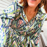 Avocado Lime Mix Print Tie Waist Dress