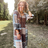 Mocha Print Mix Dress with Ruffle Sleeve Hem