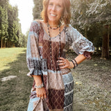 Mocha Print Mix Dress with Ruffle Sleeve Hem