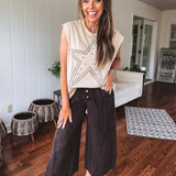 Black Mineral Wash Drawstring Wooden Button Pant