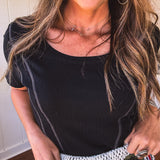 Round Neck Ribbed Contrast Stitch Top