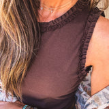 Espresso Rib Tank with Ruffle Detail