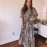 Olive Woven Print Tiered Maxi Dress Flutter Sleeve