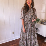 Olive Woven Print Tiered Maxi Dress Flutter Sleeve