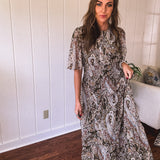 Olive Woven Print Tiered Maxi Dress Flutter Sleeve