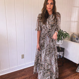 Olive Woven Print Tiered Maxi Dress Flutter Sleeve