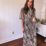 Olive Woven Print Tiered Maxi Dress Flutter Sleeve