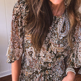 Olive Woven Print Tiered Maxi Dress Flutter Sleeve