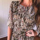 Olive Woven Print Tiered Maxi Dress Flutter Sleeve