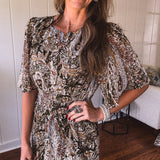 Olive Woven Print Tiered Maxi Dress Flutter Sleeve