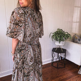 Olive Woven Print Tiered Maxi Dress Flutter Sleeve