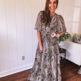 Olive Woven Print Tiered Maxi Dress Flutter Sleeve