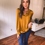 Mustard Ruffle Collar Tie Neck Blouse